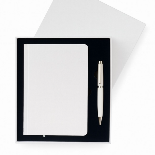 تفاصيل طقم الدفتر والقلم الأبيض — White notebook and pen set details