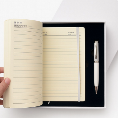 دفتر وقلم بلون أبيض في علبة هدية — White notebook and pen gift box