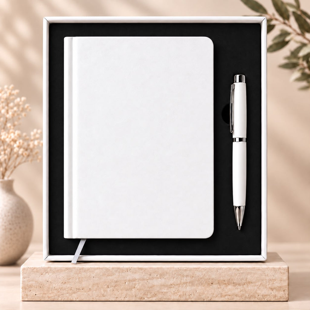 دفتر وقلم بلون أبيض في علبة هدية — White notebook and pen gift box