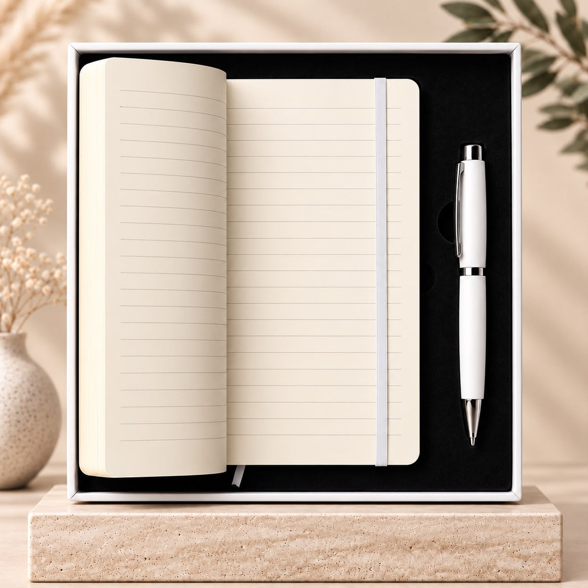 الدفتر الأبيض مفتوح مع القلم — White notebook open with pen